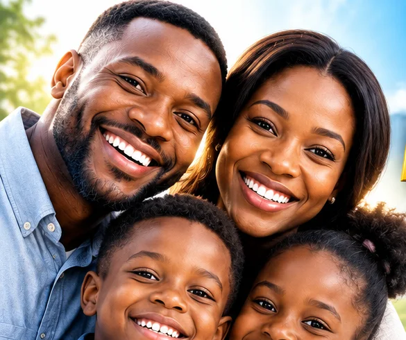 A smiling Nigerian family of four — the people a health plan is really for