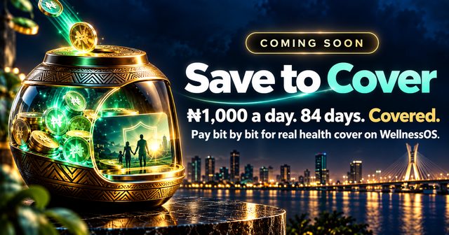 Save to Cover: a gold savings pot filling with naira coins beside the Lagos skyline at night